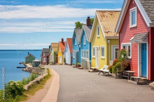 A road through a charming coastal village with colorful houses