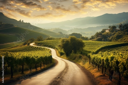 A road through a picturesque vineyard, perfect for wine-related concepts