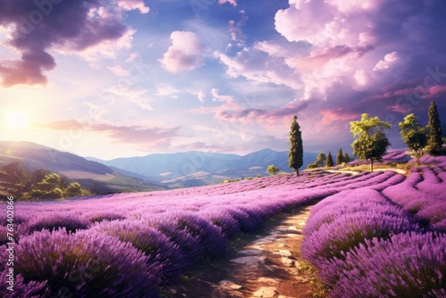 A road through a serene lavender field, ideal for relaxation themes