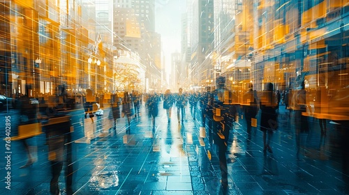 Digital visualization in shades of blue and gold portraying a bustling stock exchange