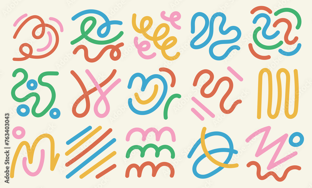Set of abstract playful curve and squiggle. Childish background with retro wavy stripes. Fun colorful line doodle. Vector art