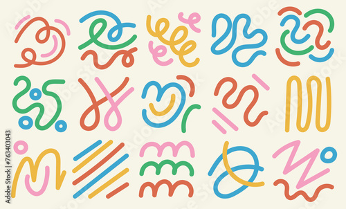 Set of abstract playful curve and squiggle. Childish background with retro wavy stripes. Fun colorful line doodle. Vector art