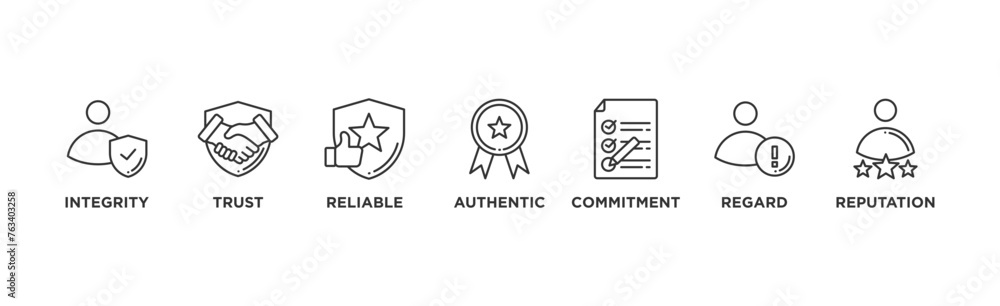 Credibility banner web icon vector illustration concept with icon of integrity, trust, reliable, authentic, commitment, regard, and reputation Credibility banner web icon vector illustration concept with icon of integrity, trust, reliable, authentic, commitment, regard, and reputation