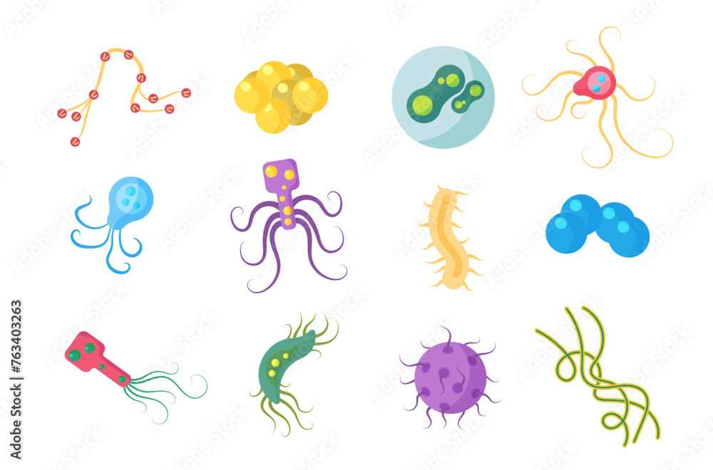 Colorful set of bacteria and microbes, microorganisms, disease causing objects, different types, bacteria, viruses, fungi, protozoa. Vector flat cartoon illustration isolated on white background