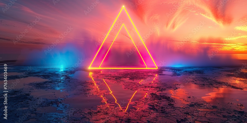 minimalistic design 80's retro style background with triangle grid lights., space for text, photographic