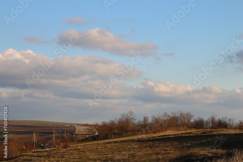 A field with trees and a blue sky with clouds