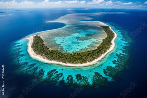 Aerial view of a pristine coral atoll with a turquoise lagoon surrounding it