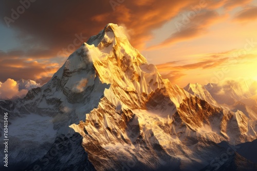 Aerial view of a snow covered mountain peak bathed in golden sunlight