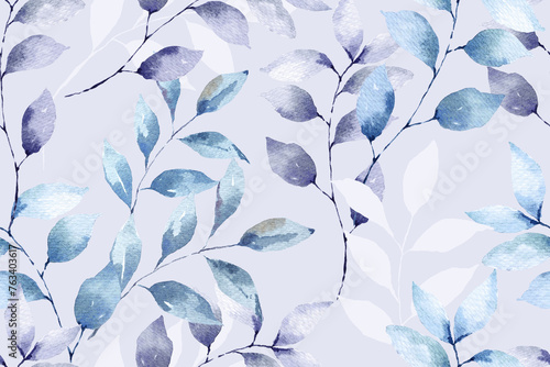 Seamless pattern of leaf painted in watercolor.Abstract background.For fabric luxurious and wallpaper, vintage style.Botanical pattern.Branch on purple background © joy8046