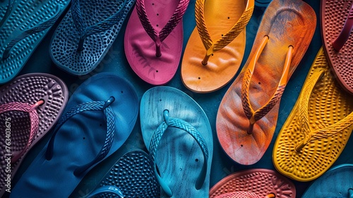 Array of multicolored flip-flops, evoking the carefree spirit of beach days