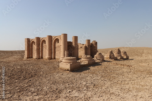 garius temple in the ancient city of uruk was rebuilt in the year 110 , thousands of years after the latest building of the akkadian civilization with blue sky . photo