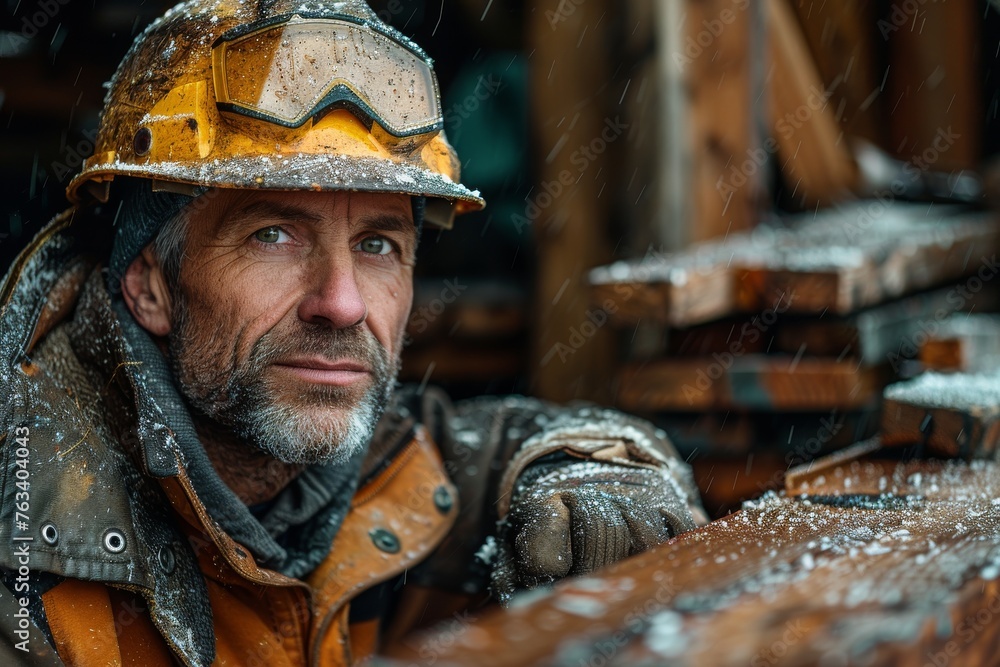 Detailed portrait of a rugged worker with weathered face, helmet, and goggles, with snowflakes visible Detailed portrait of a rugged worker with weathered face, helmet, and goggles, with snowflakes visible