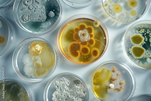 mold, Algae, microalgae in petri dishes research in laboratories. biotechnology, science. Flat lay, top view. Macro. photo