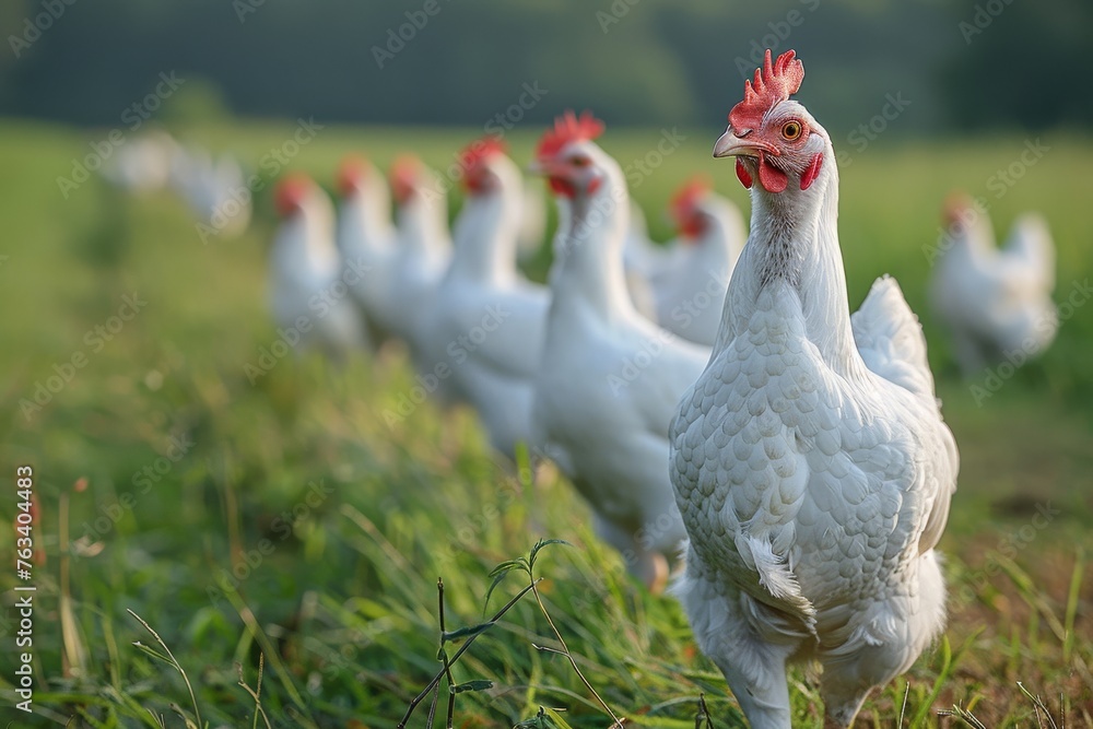 A vibrant image portraying a herd of white chickens grazing in a green field on a farm, symbolizing farming and sustainability A vibrant image portraying a herd of white chickens grazing in a green field on a farm, symbolizing farming and sustainability