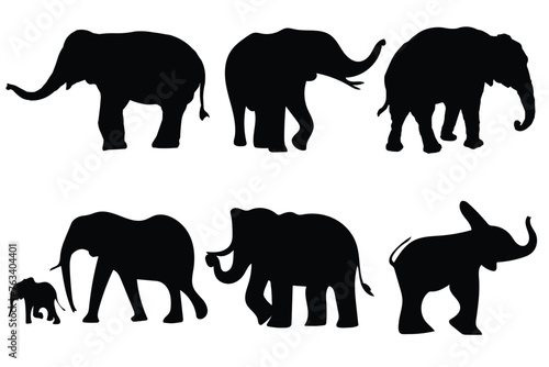 Set of editable vector silhouettes of African elephants. Vector illustration.