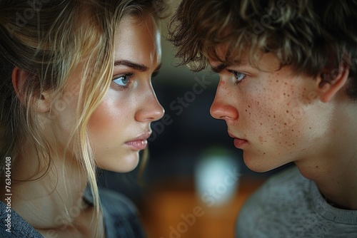 A young couple with intense expressions facing each other close-up, sharing a personal moment