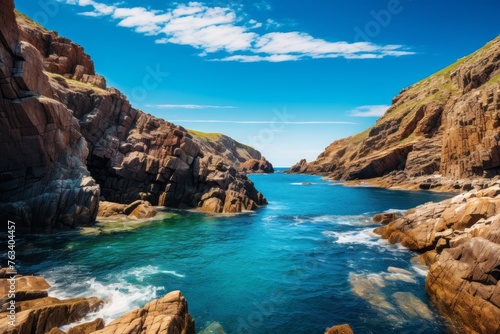 Rocky coast under a clear blue sky background with rugged cliffs