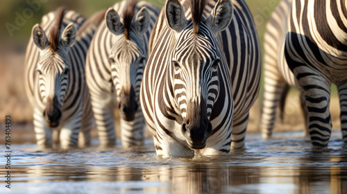 A herd of zebras stands in shallow body of water, African savanna. Generative AI