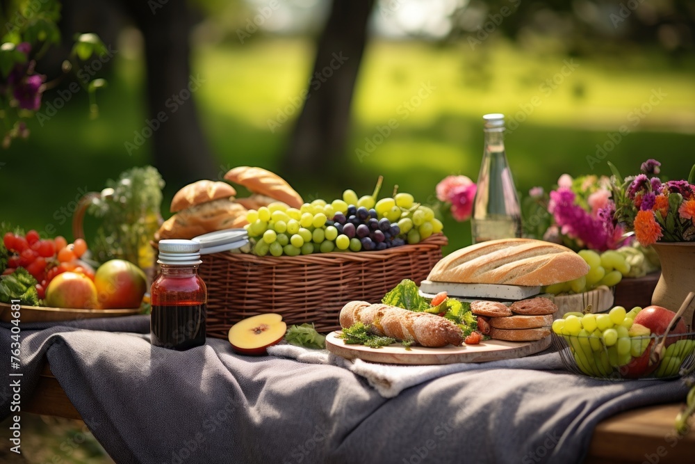 Spring picnic setup mockup with a woven basket, sandwiches, and fresh fruits Spring picnic setup mockup with a woven basket, sandwiches, and fresh fruits