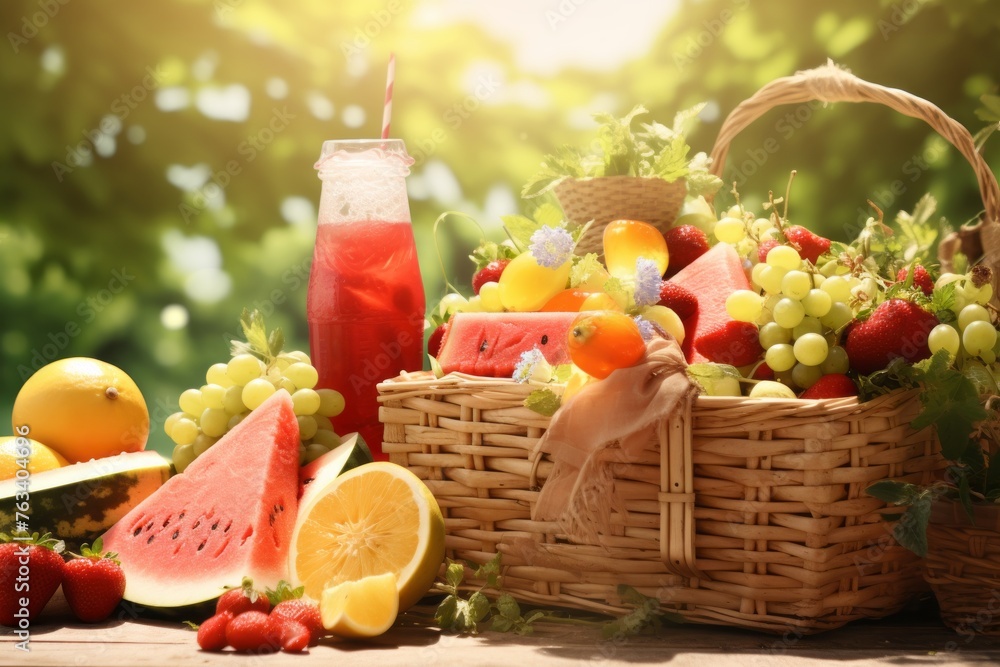 Summer mockup featuring a picnic basket, fruits, and refreshing drinks Summer mockup featuring a picnic basket, fruits, and refreshing drinks