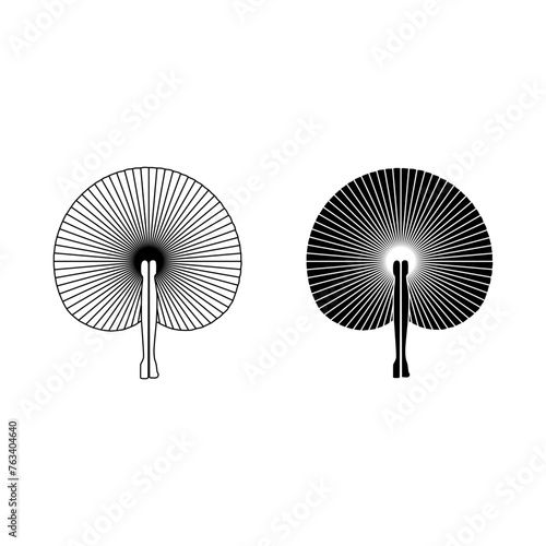 A stylized fan with a handle  featuring intricate patterns or designs on the fan blades.