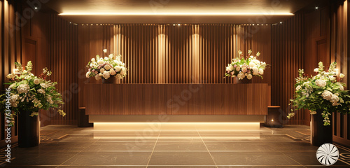 A frontal perspective of the hotel reception area, featuring a minimalist desk with a polished wood finish, illuminated by soft overhead lighting #763404646