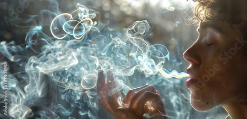 A person blowing smoke rings into the air, their fingers poised delicately as they create intricate patterns that float and dissipate with each exhale photo