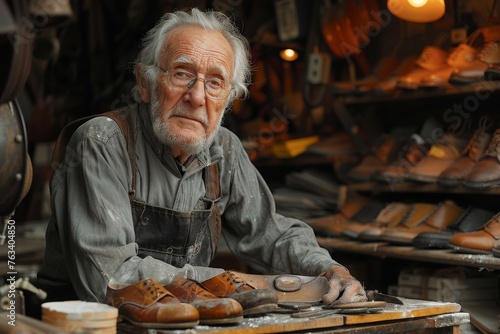 An elderly craftsman inspects a leather shoe at his workshop table, embodying dedication