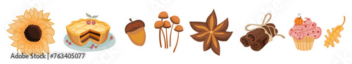 Cozy Autumnal collection with seasonal different elements, pumpkin, tea, socks, mushrooms, plants. Fully fall feeling. Vector hand draw illustration isolated on white background