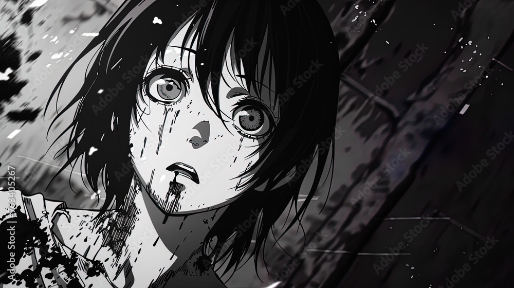 Fototapeta premium manga anime horror girl comicbook scene black and white
