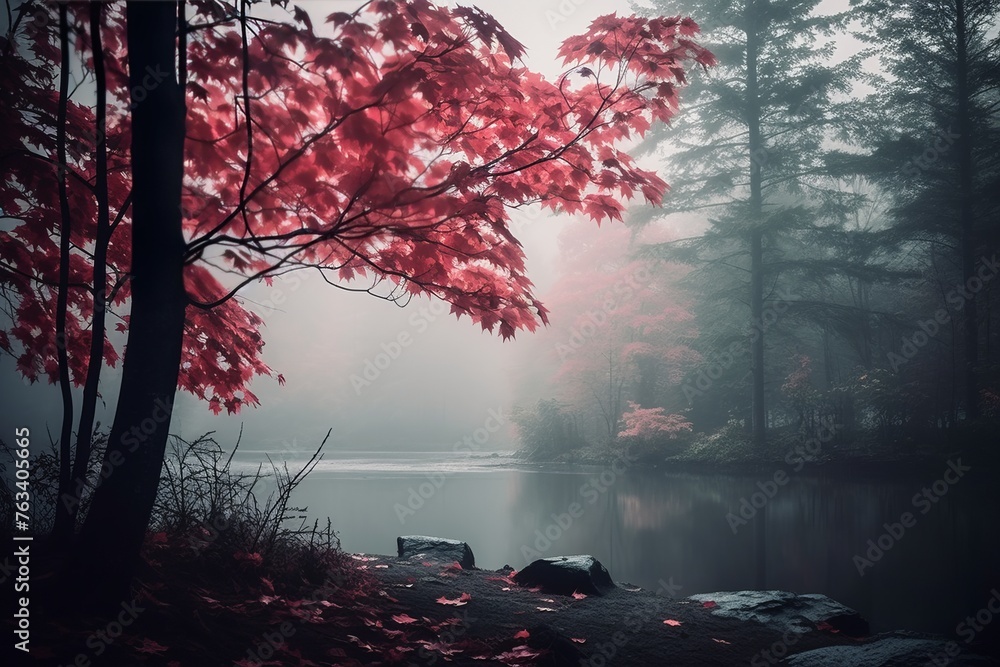 A dreamy shot of mist enveloping a tranquil forest