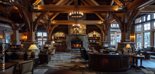 Behind the reception desk of a ski resort lodge, the atmosphere is cozy and inviting, with rustic wooden beams, stone fireplace, and plush seating