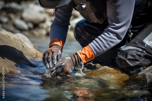 A close up of hands using a benthic grab sampler to collect sediment samples from a riverbed photo