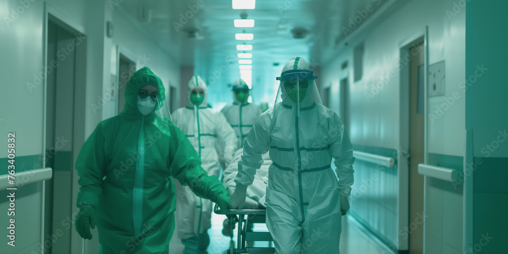 Doctors Dressed in Virus-proof Suits Transporting a Patient Doctors Dressed in Virus-proof Suits Transporting a Patient