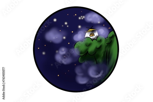 Mysterious cozy house on top of a green floating island against night starry sky
