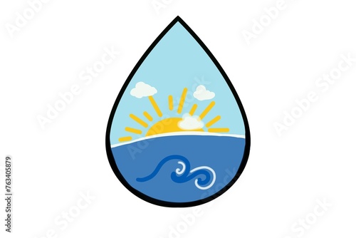 Sun rising or setting in the ocean drawn in a water drop shape icon illustration