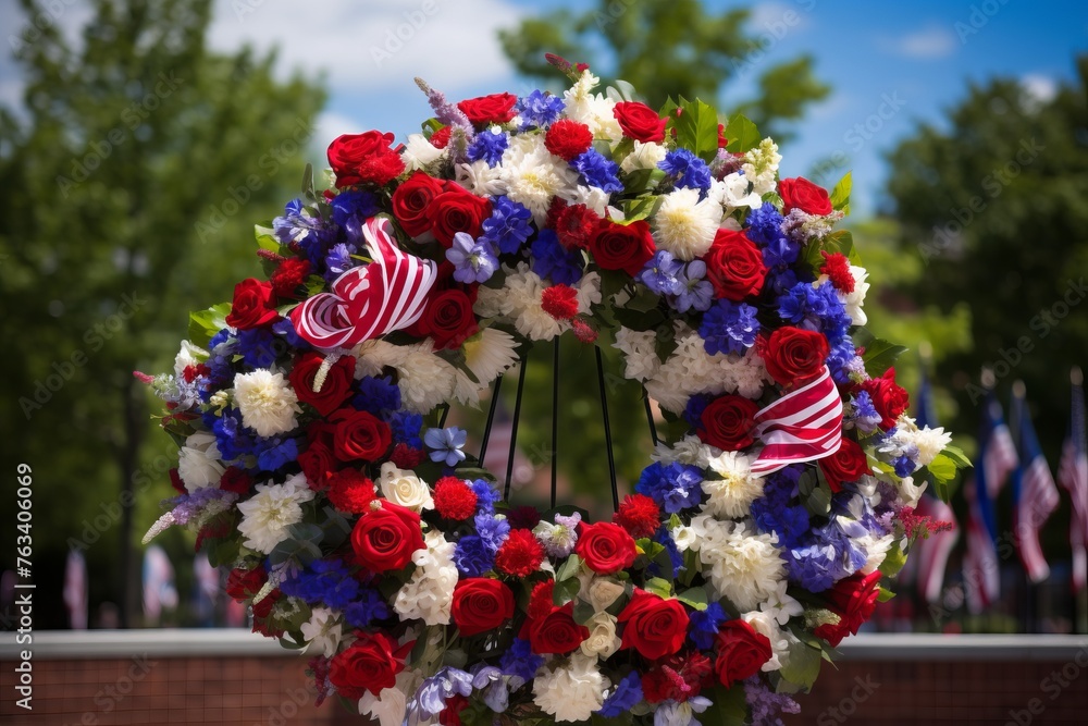 A Patriot Day memorial adorned with red, white, and blue flowers