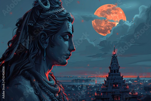 Illustration of lord shiva in a meditative pose against the backdrop of a night sky with a full moon photo