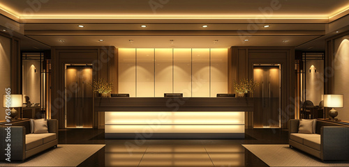 The front view of a hotel reception area, featuring a contemporary desk design with sleek lines, illuminated by recessed lighting