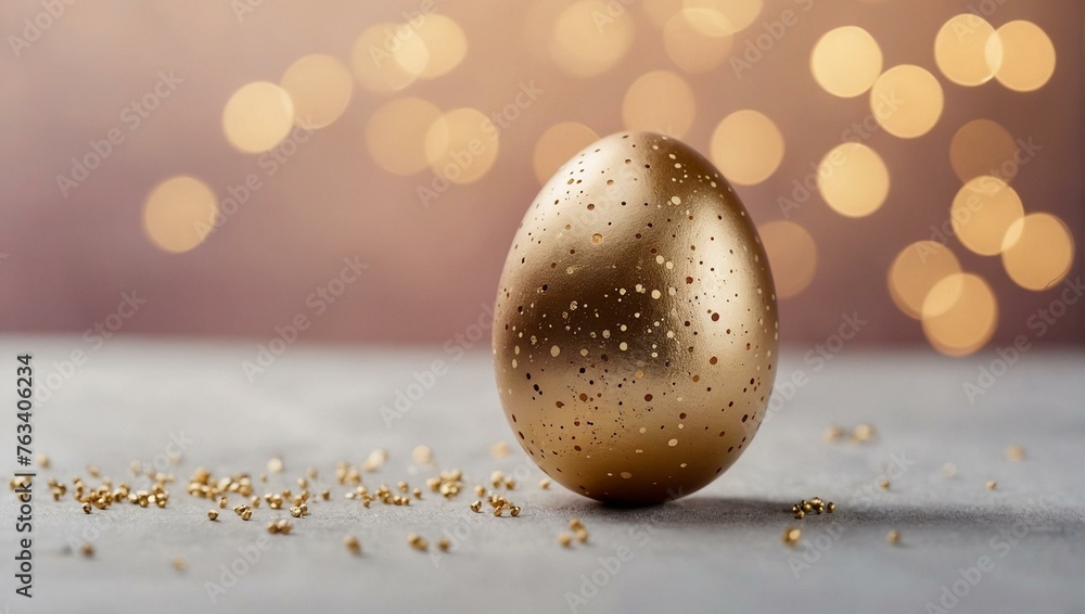 Obraz premium A luxurious golden egg adorned with speckles appears against a blurred background of warm circular lights