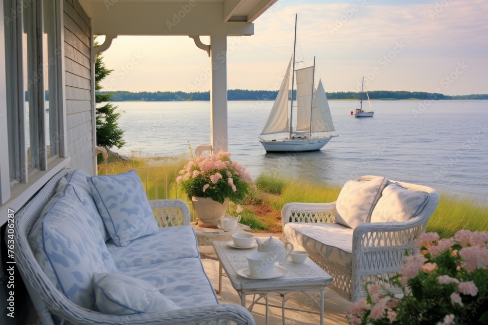A peaceful morning at the beach house with calm waters and distant sailboats