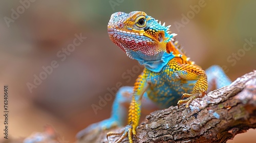 Lizard adorned in a kaleidoscope of colors gracefully traverses a textured twig in solitude