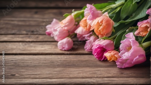 A bunch of vibrant tulips laid out on an aged wooden surface  capturing the balance between natural beauty and rustic charm