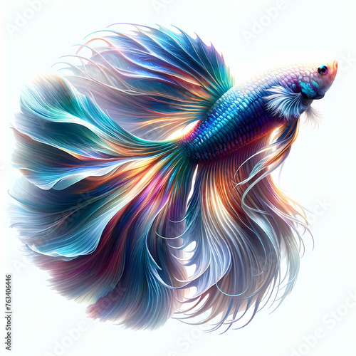 Photo of a betta fish with a captivating butterfly coloration, glowing softly against a pure white background. The fish should be rendered in great detail © bteeranan