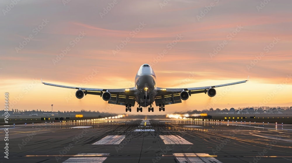 Fototapeta premium Airplane take of and road with motion blur effect at sunset