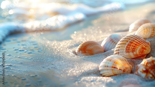 Sunlit sandy beaches adorned with delicate seashell hues, a scene of natural beauty