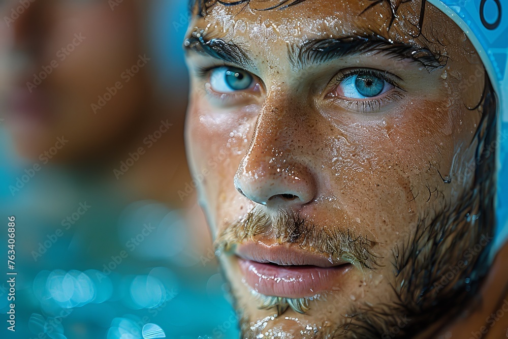 An intense look on the face of a water polo player, highlighting his competitive spirit An intense look on the face of a water polo player, highlighting his competitive spirit