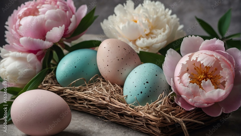 A soft, springtime image with pastel-colored Easter eggs and blooming peonies in a natural setting A soft, springtime image with pastel-colored Easter eggs and blooming peonies in a natural setting