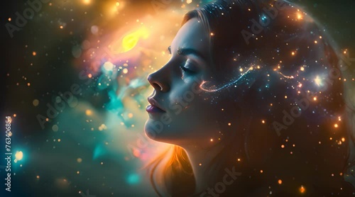 Close up portrait of a beautiful girl in profile moving through the stars and galaxies having astral experience and widening her horizons without boundaries photo