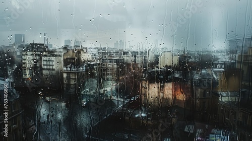 a rainy urban day behind the window painted with light silver sprays --ar 16:9 --style raw Job ID: d207f79d-f0e2-45c2-b51f-cfc45ab9540c